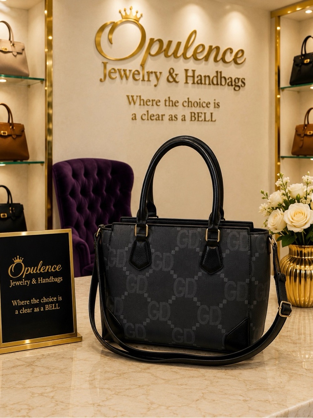 GD Pattern Black Tote Bag with Top Handles